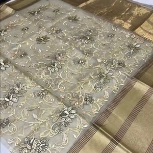 Organza silk saree cashmere border saree